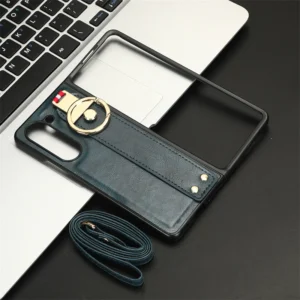 Crossbody Lanyard Phone Case for Samsung Galaxy Z Fold 5 4 3 2 Fold5 Fold4 Fold3 Fold2 Ring Wrist Strap Leather Protective Cover