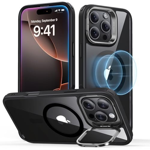 for iPhone 16 Pro Max Case, Compatible with MagSafe, Military-Grade Protective Case, TPU, Built-in Stash Stand Phone Case, Scratch-Resistant Back Cover, Classic Series, Clear Black