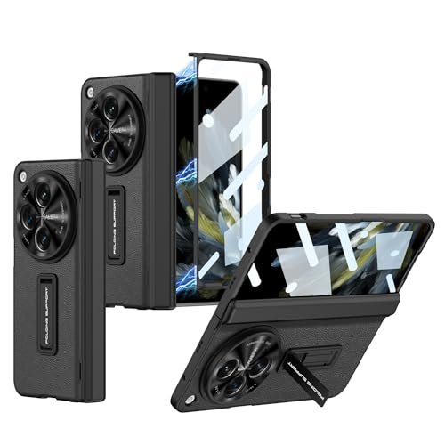Gaffar India Leather Magnetic Hinge Protection Cover Compatible with OnePlus Open/Oppo Find N3 with Front Glass Case Kickstand 360-degree Protective, Lichi Black