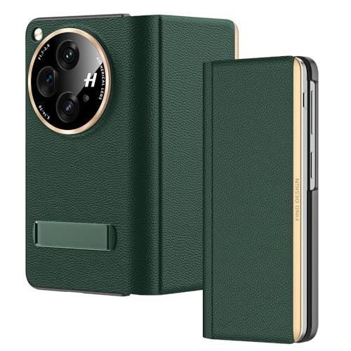 Gaffar India Magnetic Leather Flip Cover with Hinge Protection Compatible with OnePlus Open (Release 2023) Hard PC Built-in Kickstand Camera Protection Case, Green