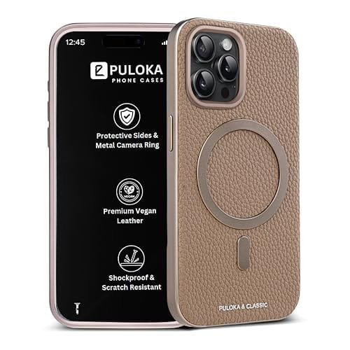 PULOKA Magfit Mobile Back Cover – Compatible with iPhone 15 PRO – Mag-Safe Design – Textured Vegan Leather – Electroplated Sides Bumper Case – Camera Protetection & Raised Edges – Apricot