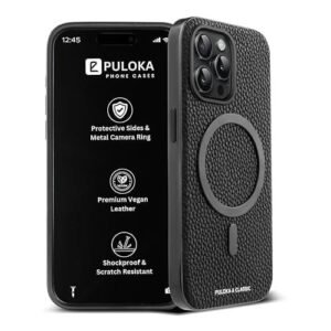 PULOKA Magfit Mobile Back Cover – Compatible with iPhone 15 Pro – Mag-Safe Design – Textured Vegan Leather – Electroplated Sides Bumper Case – Camera Protetection & Raised Edges – Black