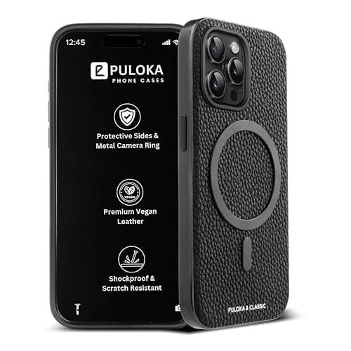 PULOKA Magfit Mobile Back Cover – Compatible with iPhone 15 Pro – Mag-Safe Design – Textured Vegan Leather – Electroplated Sides Bumper Case – Camera Protetection & Raised Edges – Black