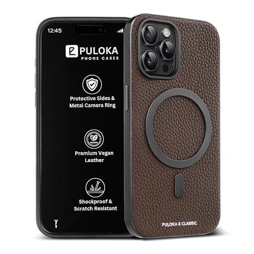 PULOKA Magfit Mobile Back Cover – Compatible with iPhone 15 PRO – Mag-Safe Design – Textured Vegan Leather – Electroplated Sides Bumper Case – Camera Protetection & Raised Edges – Dark Grey