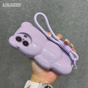 Cute 3D Cartoon Bear Case For iPhone 16 15 14 13 12 Pro Max Plus Colorful Laser Rainbow Gradient Soft Cover With Wrist Strap