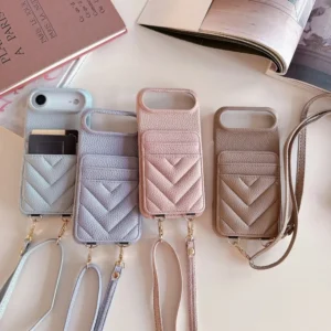 Popular V-Shape Leather Card Wallet Case For iPhone 17 Air 16/E 15 14 13 12 11 Pro Max Plus Crossbody Rope Fall Prevention Cover
