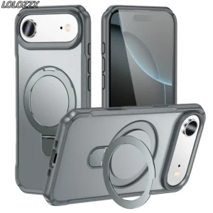 Metal Ring Stand Matte Magnetic Phone Case For iPhone 17 Air 15 14 13 12 16 Pro Max Plus With Lens Protector For MagSafe Cover