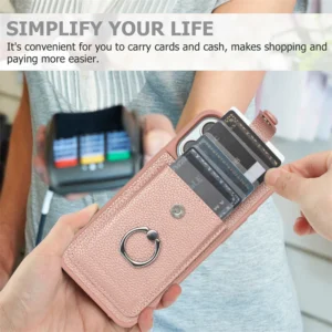Leather With Cards Slot Phone Case For iPhone 16 15 14 13 12 Pro Max iPhone15 iPhone16 Plus Metal Ring Holder Wallet Back Cover