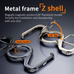 Metal Z Shape Magnetic Stand Case for iPhone 17 15 14 16 Pro Max 17Pro Aluminum Alloy Shell Removable Snap Rimless MagSafe Cover