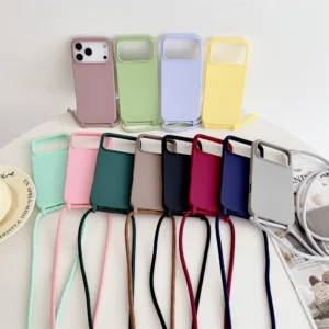 Crossbody Lanyard Cord Liquid Silicone Soft Case for iPhone 17 Air 16 15 14 Plus 13 Pro Max Matte Strap Shockproof Candy Cover