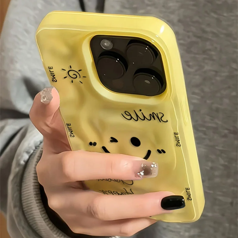 Funny Cartoon Smile Angry Face Shockproof Phone Case For iPhone 16 15 14 Plus 13 12 11 17 Pro Max 16e Folds Texture Soft Cover