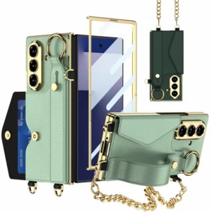 Gold Wristband Bracelet Electroplated Plain Leather Card Slot Glass Protect Case for Samsung Galaxy Z Fold7 Fold 7 6 Cover