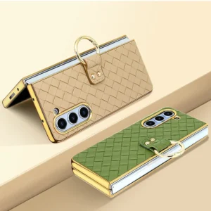 PU Leather with Glass Front Film Shockproof Woven Pattern Phone Case for Samsung Galaxy Z Fold 6 5 4 3 with Finger Ring Bracket