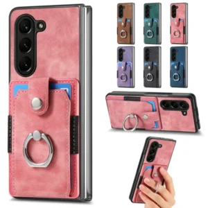 Retro Artificial Leather Wallet Phone Case with Ring Holder for Samsung Galaxy Z Fold 7 6 5 4 3 Fold7 Fold6 5G Card Slot Cover