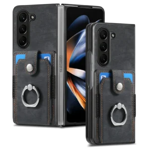 Retro Leather Ring Wallet Case with Card Holder Phone Case for Samsung Galaxy Z Fold 7 6 5 4 3 Fold7 Fold6 Protective Cover