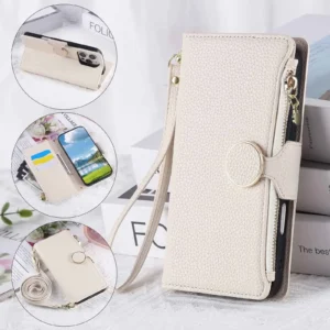 Zipper Wallet Cards Holder Crossbody Case for Samsung Galaxy Z Fold 7 6 5 4 Fold7 Fold6 Wrist Strap Lanyard Leather Cover
