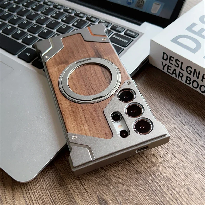 For Samsung Galaxy S25 S24 S23 S22 Ultra Aluminum Alloy Frameless Wooden Magsafe Phone Case 360°Magnetic Holder Shockproof Cover