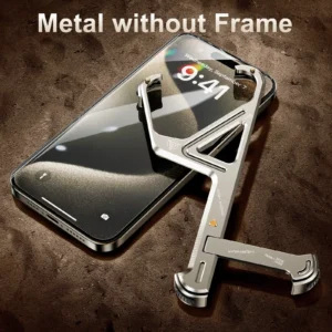 Oatsbasf Aluminum Alloy Metal Frameless Phone Case for iPhone 16/15/14/13 Pro Max with Stand Phone Protective Cover Shockproof