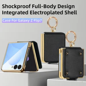 VIETAO Z Flip 7 Case With Finger Ring, Plating PU Leather Phone Case For Galaxy Z Flip7 Flip6 Flip5 Flip4 Flip3 With Screen Film 1