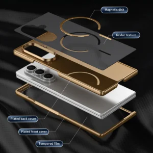 For Galaxy Z Fold 8 Ultra 7/6/5/4 Plating Kavlar Pattern Magnetic Phone Case with Wireless Charging with Tempered Glass Included 1