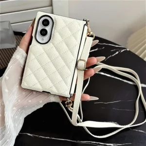 Luxury Leather Case with a Long Crossbody Strap For Samsung Galaxy Z Fold 8 ZFold8 Plain Grid Hinge Shockproof Back Cover 1