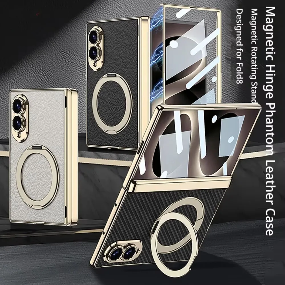 Luxury Leather Magnetic Hinge Metal Stand Holder Case For Samsung Galaxy Z Fold 8 Fold8 Ultra Front Glass Protective Film Cover 1