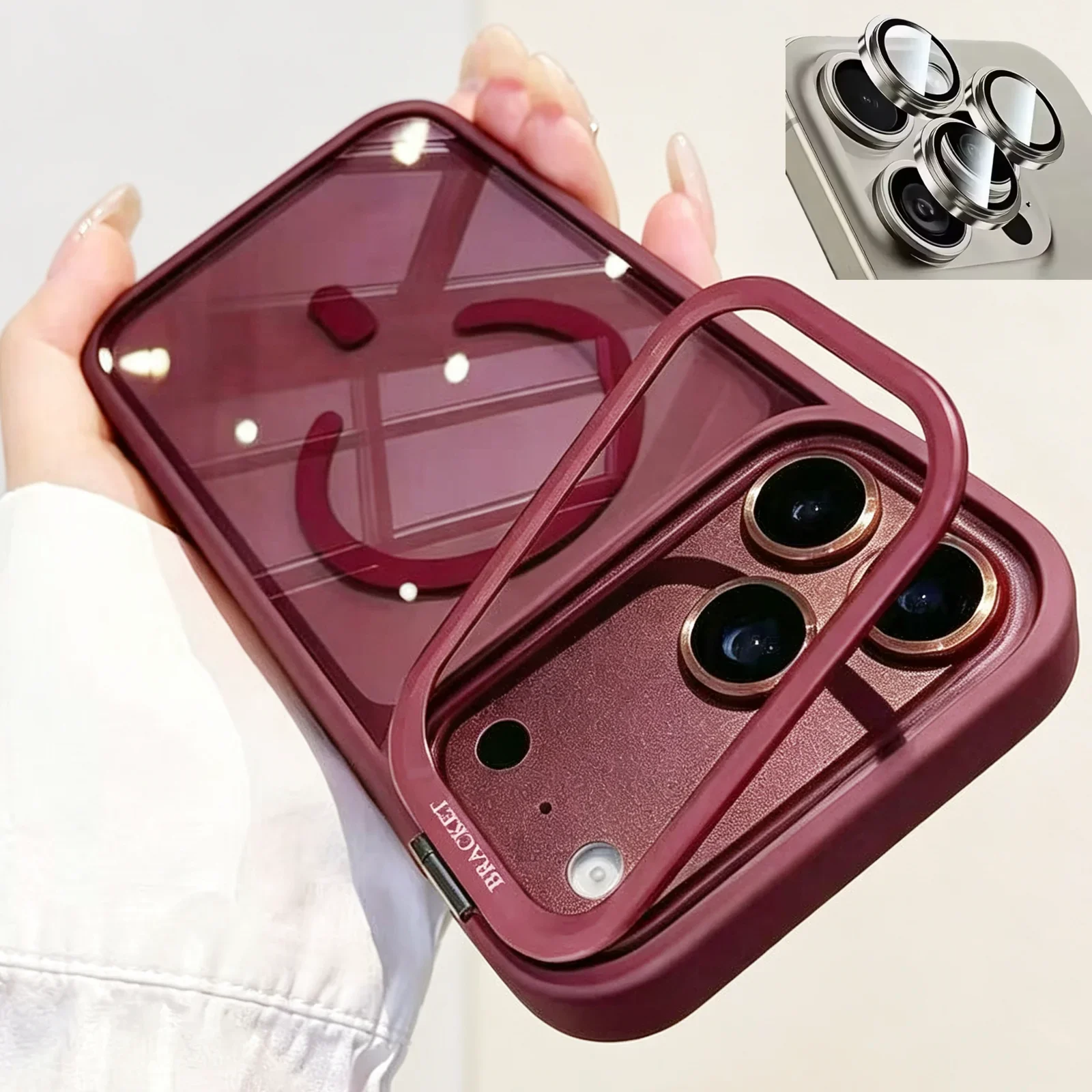 Luxury Bracket Stand Magnetic Phone Case for iPhone 18 Pro 17 16 Plus 15 14 13 12 Pro Max With Lens Protector Cover for Magsafe 1